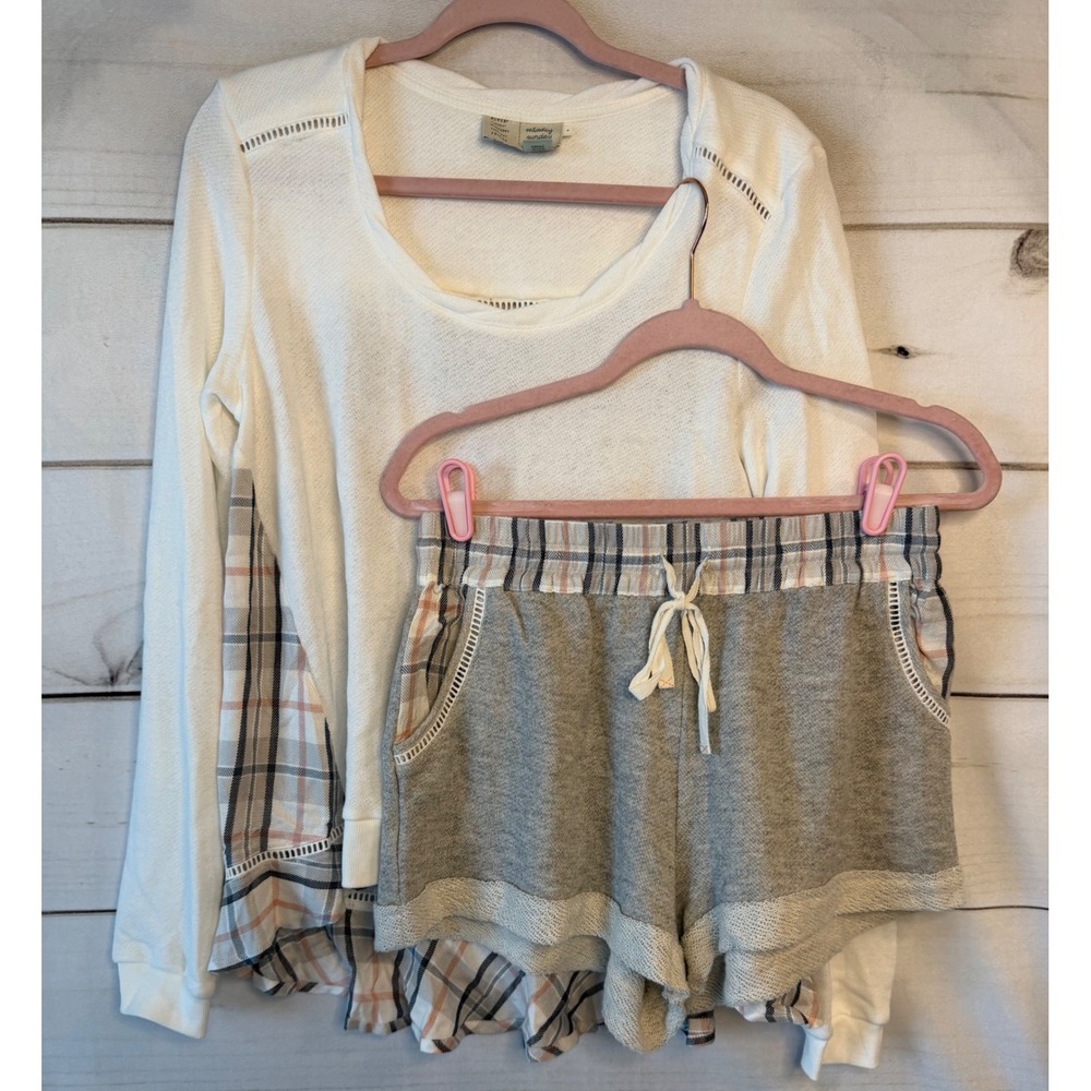 Saturday Sunday Anthropologie Plaid Mixed Media Lounge Set Top Shorts Size MED